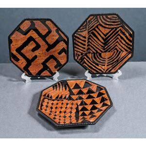 Raymond Waites International Octagon Salad Plates Batik Art Geometric Set of 3